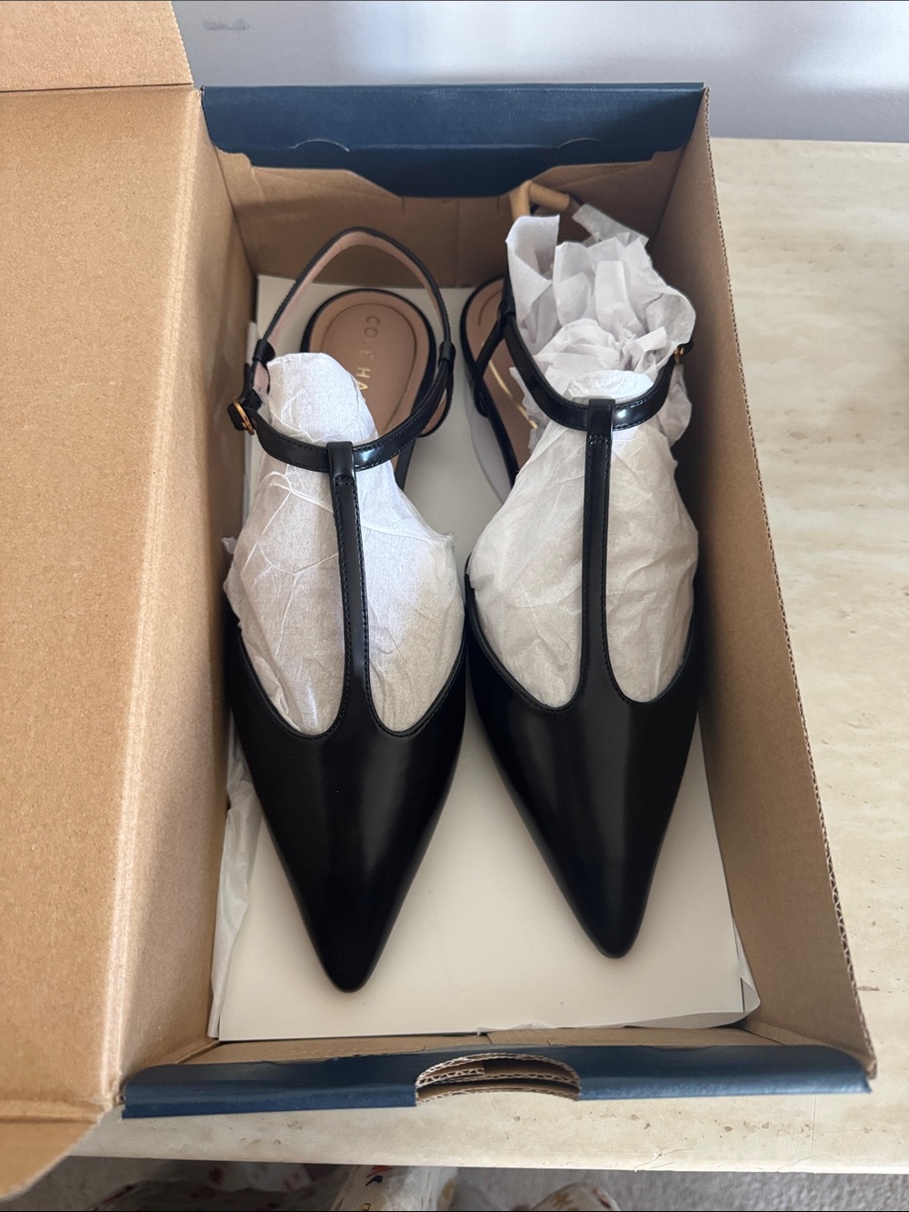 Cole Haan Black Pointed T-Strap Slingbacks